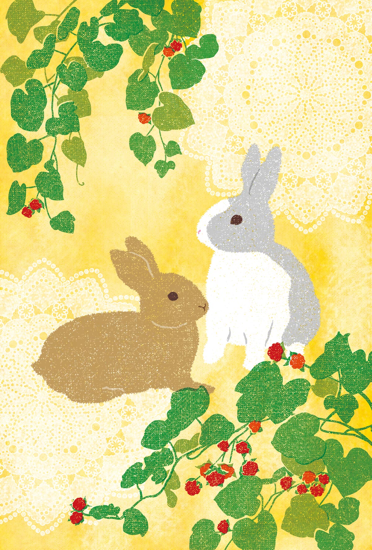 オリジナルイラストレーション「ウサギと苺」